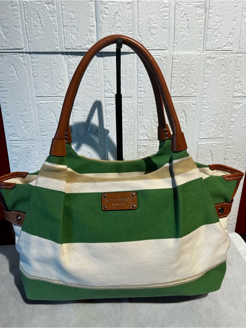 Kate Spade NY Vintage Stevie Green Stripe Canvas Tote with Brown Leather Trim